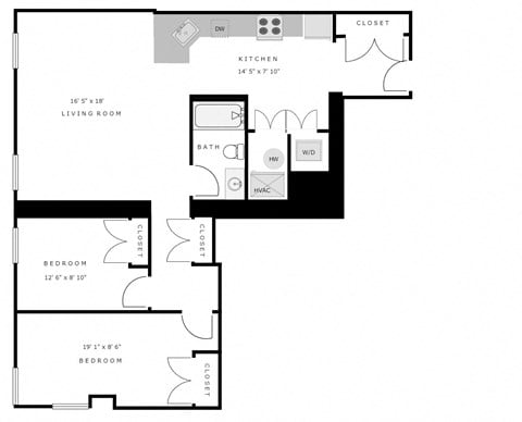 Floor plan for 2 beds, 1 bath, 945 sqft